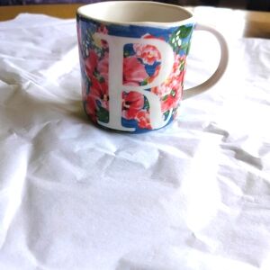 Anthropologie Floral Monogram Mug Initial R Watercolor Bloom Multi Stoneware